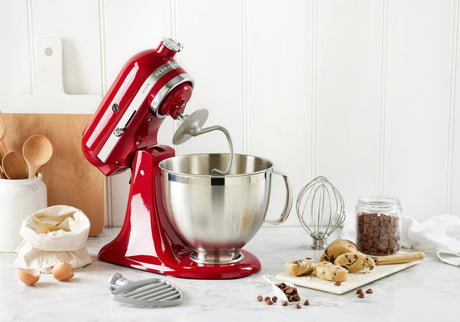 Artisan Tilt Head Stand Mixer in Empire Red, featuring 4.7L capacity, 10 speeds, 5 accessories, and stylish stainless steel bowls.