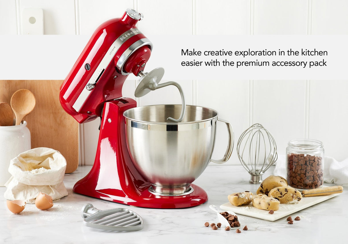 Artisan Tilt Head Stand Mixer in Empire Red, featuring 4.7L capacity, 10 speeds, and versatile attachments for culinary tasks.