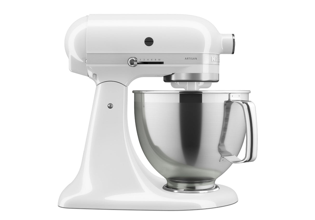 Artisan Tilt Head Stand Mixer KSM195 in gloss white, featuring 4.7L capacity, 10 speeds, and 5 accessories for versatile baking.