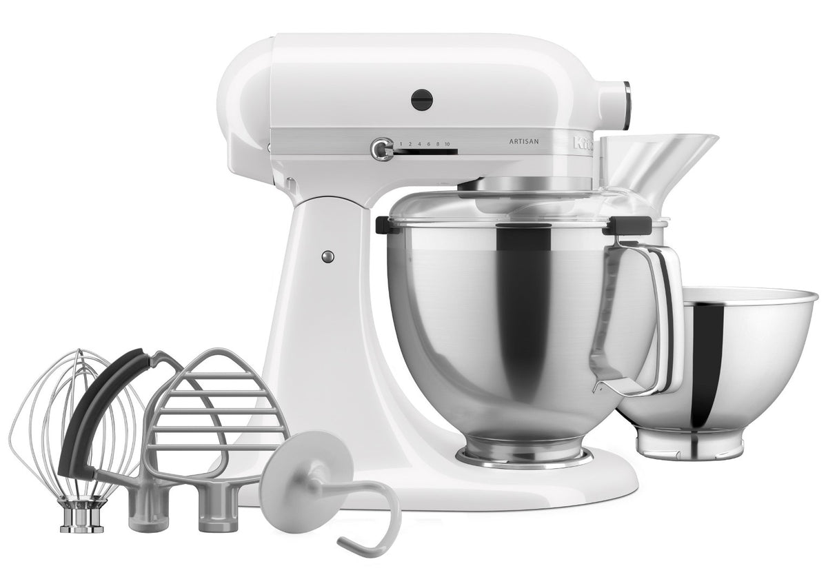 Artisan Tilt Head Stand Mixer KSM195 in gloss white, featuring 4.7L capacity, 10 speeds, and versatile attachments for baking.