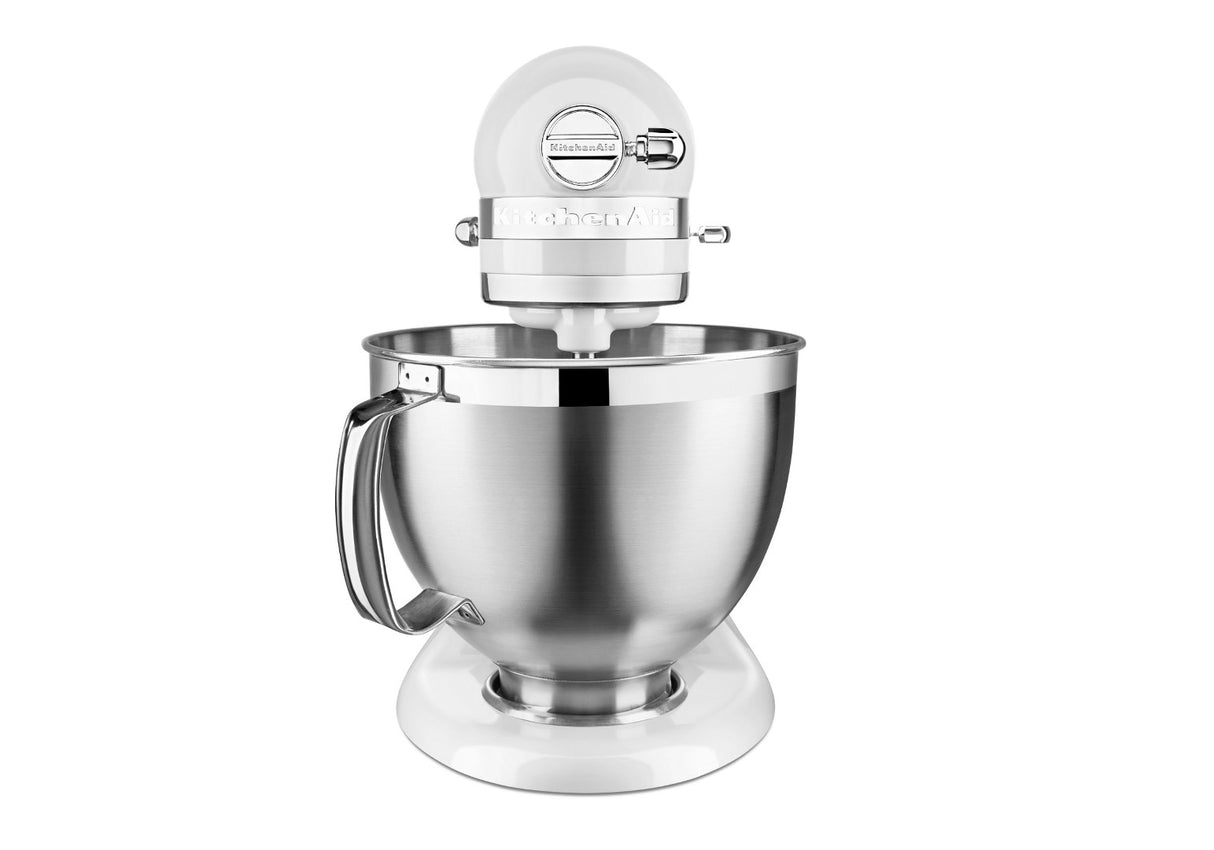 Artisan Tilt Head Stand Mixer KSM195 in gloss white, featuring 4.7L capacity, 10 speeds, and 5 accessories for versatile baking.