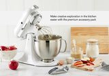 Artisan Tilt Head Stand Mixer in gloss white, 4.7L capacity, with 10 speeds and five accessories for versatile baking.