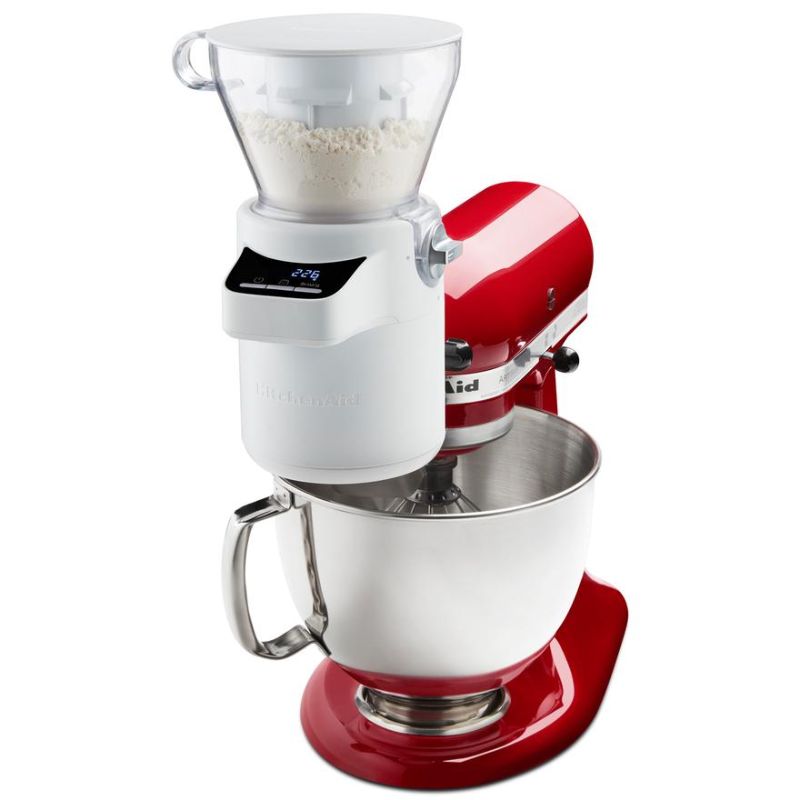 KitchenAid Sifter + Scale Attachment with a 4-cup hopper, digital scale, and hands-free sifting for perfect baking results.