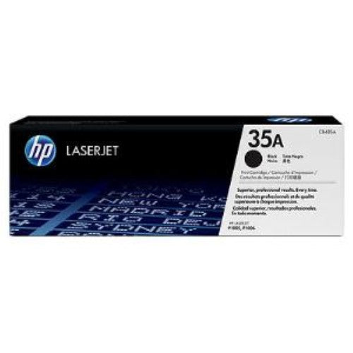 Black HP 35A LaserJet toner cartridge for P1005/P1006 printers, yielding 1,500 pages of sharp text and images.