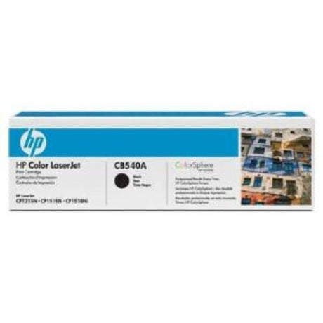 Black HP 125A toner cartridge designed for LaserJet printers, yielding 2,200 pages of sharp text and vibrant graphics.