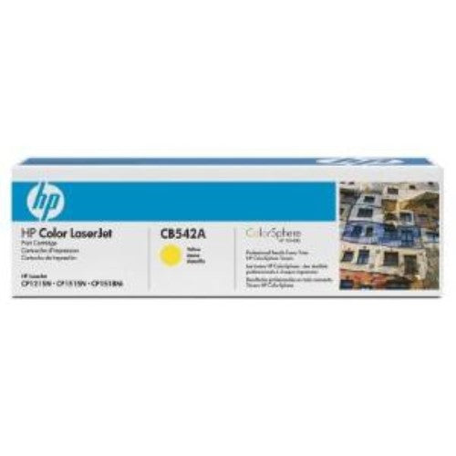 Yellow HP 125A LaserJet Toner Cartridge, yields 1,400 pages, features ColorSphere technology for vibrant, high-quality prints.