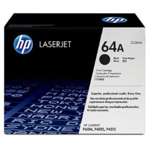 Black Original LaserJet Toner Cartridge 64A for HP printers, yields approx. 10,000 pages, ensuring crisp text and graphics.