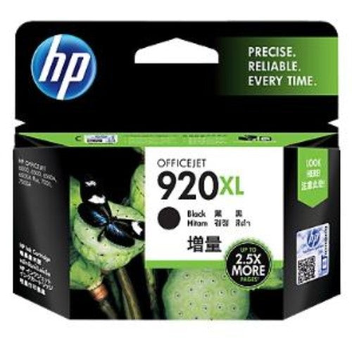 HP 920XL Ink Cartridge in black, offering exceptional print quality, 1200 pages yield, and water-resistant, fast-drying ink.