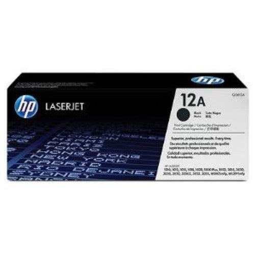 Black HP 12A LaserJet toner cartridge designed for reliable printing, yielding approximately 2000 pages for HP printers.