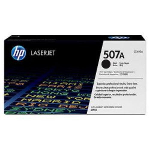 Black HP LaserJet toner cartridge 507A for M551 printers, yielding 5,500 pages of sharp, crisp text for professional printing.