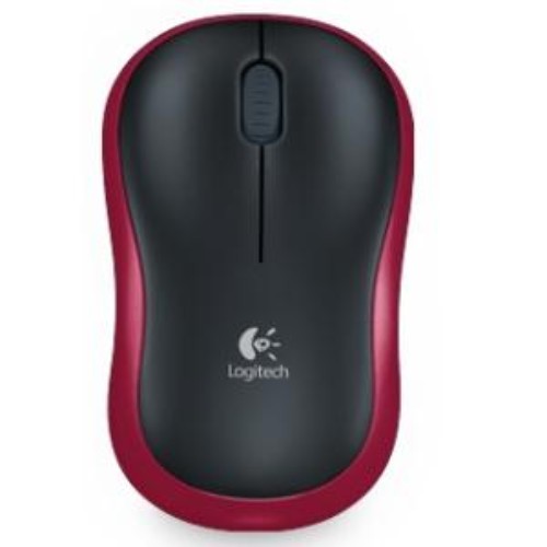 Logitech M185 Wireless Mouse in red, featuring a symmetrical design, plug-and-play USB receiver, and 12 months battery life.