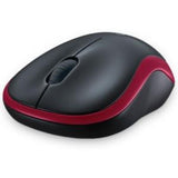 Logitech M185 wireless mouse in red, featuring a symmetrical design and 12 months battery life for seamless connectivity.