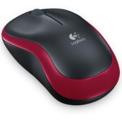 Logitech M185 wireless mouse in red, featuring a symmetrical design, 12 months battery life, and reliable RF connectivity.