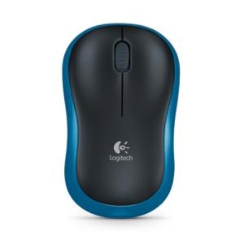 Logitech M185 Wireless Optical Mouse in blue and black, featuring 1000 DPI sensor, plug-and-play wireless, and 12-month battery life.