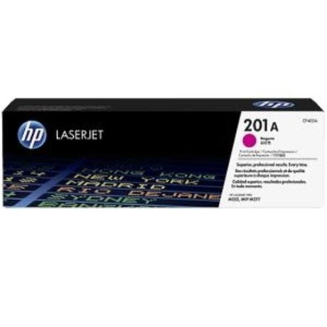 HP 201A Magenta Toner Cartridge for LaserJet Pro, yields 1400 pages, ensures vibrant quality for documents and graphics.