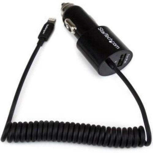 Dual-port black car charger with integrated Lightning cable, USB 2.0 port; charges two devices efficiently on the go.