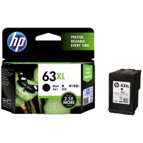 HP 63XL Black Ink Cartridge for inkjet printers, high yield, delivers up to 480 pages of sharp, vibrant prints.