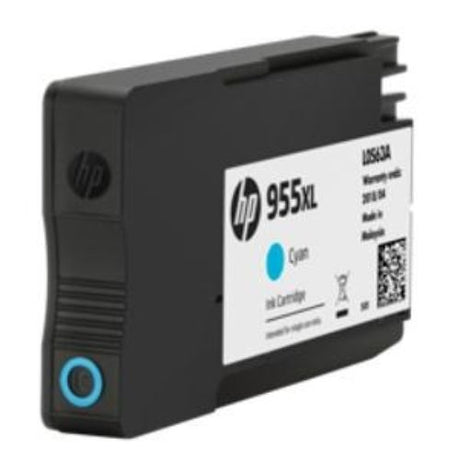 HP 955XL Cyan Ink Cartridge, high yield for 1600 pages, delivers vibrant color prints with professional clarity and reliability.