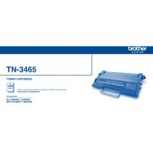 Super high yield TN3465 toner cartridge, compatible with Brother printers, produces up to 12,000 pages with sharp print quality.