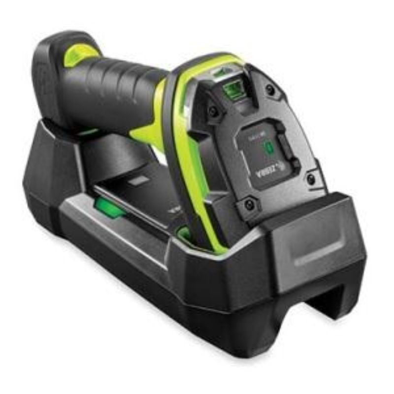 Zebra DS3678-SR Barcode Scanner for 1D/2D codes, features wireless Bluetooth connectivity and rugged industrial green design.