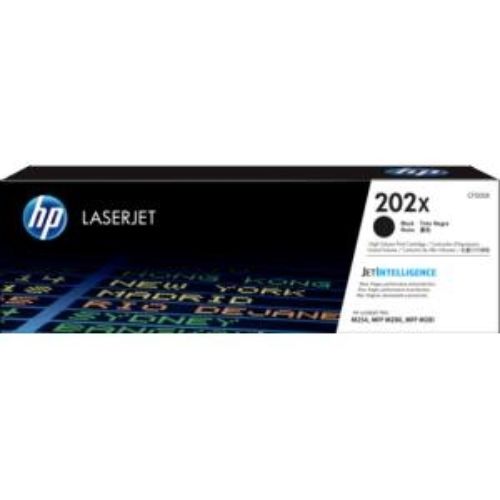 HP 202X Black Toner Cartridge, high yield, laser technology for 3200 pages, ideal for Color LaserJet Pro printers.