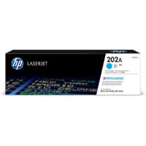 Cyan HP 202A Toner Cartridge for LaserJet Pro, yields 1300 pages with JetIntelligence, featuring anti-fraud technology and easy replacement.