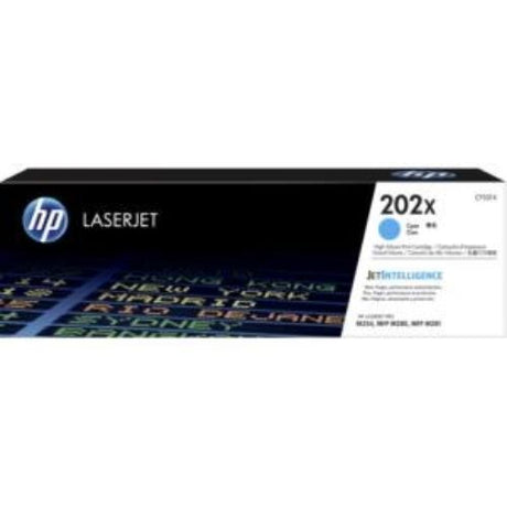 HP 202X Cyan toner cartridge for Color LaserJet Pro, high yield of 2500 pages, reliable quality and vibrant prints.