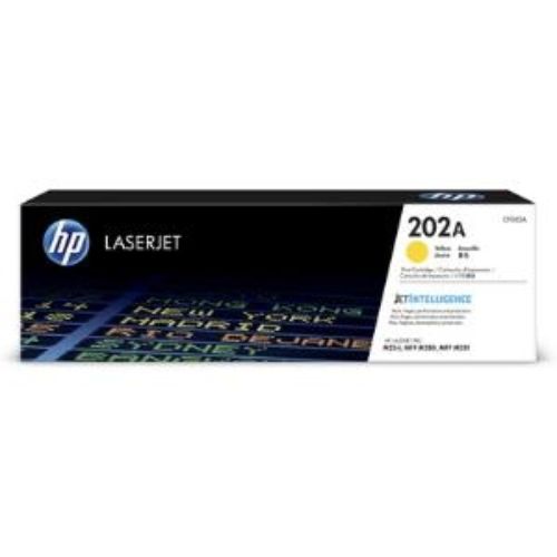 Yellow HP 202A Toner Cartridge for Color LaserJet Pro, yielding 1,300 pages, ensuring vibrant, professional prints.