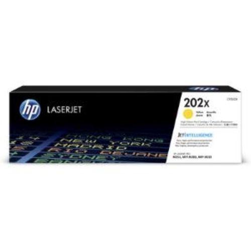 HP 202X Yellow Toner Cartridge for Color LaserJet Pro, high yield of 2500 pages, featuring anti-fraud tech and vibrant prints.