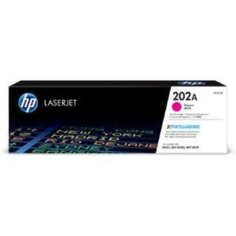 HP 202A Magenta Toner Cartridge for LaserJet Pro, 1300 pages yield, ensures vibrant color and easy installation.