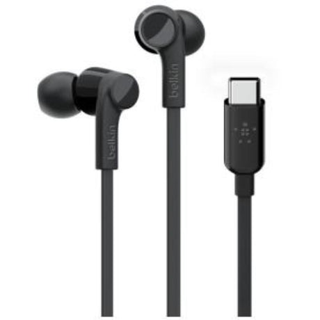 Belkin USB Type C wired over-the-head headphones in black, featuring cushioned ear pads for comfort and superior sound quality.