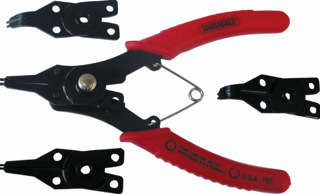 Teng 4 Piece Circlip Plier Set with magnetic tips, four interchangeable heads, and ergonomic handles for versatile circlip tasks.