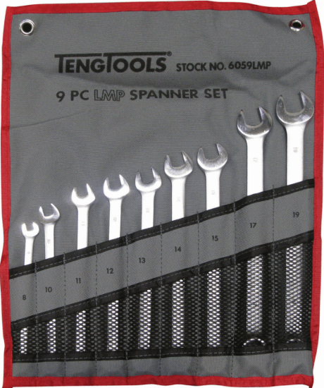 Long metric combination spanner set with 9 chrome vanadium steel tools, featuring a 12-point angled head and satin finish.