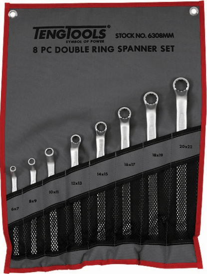 Teng 8pc Double Off-Set Ring Spanner Set in canvas roll, crafted from durable Chrome Vanadium steel, sizes 6-22mm.