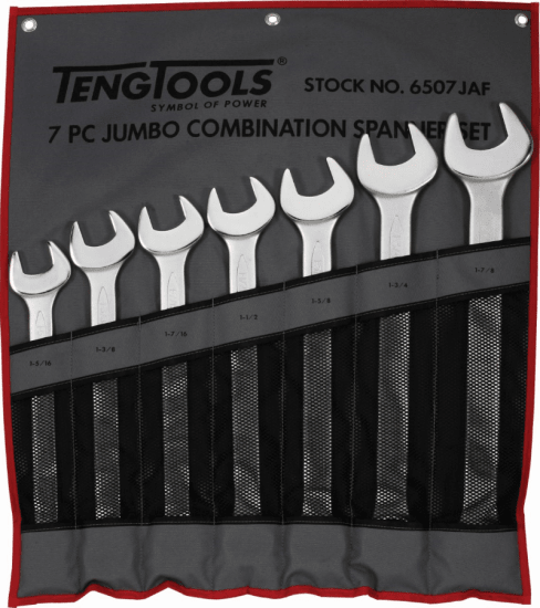 Teng 7-piece jumbo combination spanner set in canvas roll, crafted from Chrome Vanadium with a satin finish for durability.