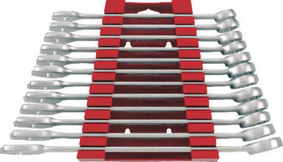 Teng 12-piece combination spanner set, sizes 20-32mm, organized in a space-saving plastic holder for durability and efficiency.