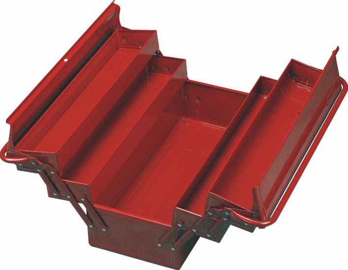 Teng Cantilever Metal Tool Box: durable red metal, five compartments, lockable, lightweight, ideal for organizing tools.