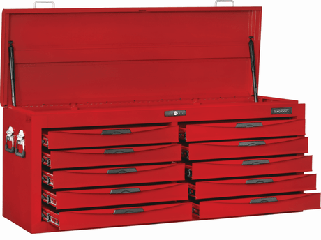 Teng 10 Drawer Top Box in red steel with rust protection, secure combination lock, and smooth-gliding heavy-load drawers.