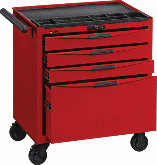 Teng 4 Drawer 8-Series Roller Cabinet, red steel construction, 4 lockable drawers, ball bearing slides, and easy-rolling castors.