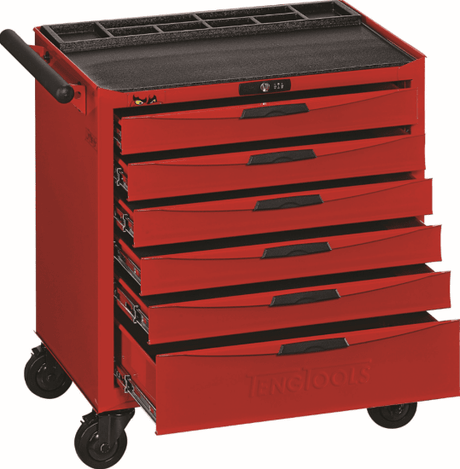 Heavy-duty red steel roller cabinet with 6 lockable drawers, ball bearing slides, and a workbench for organized tool storage.