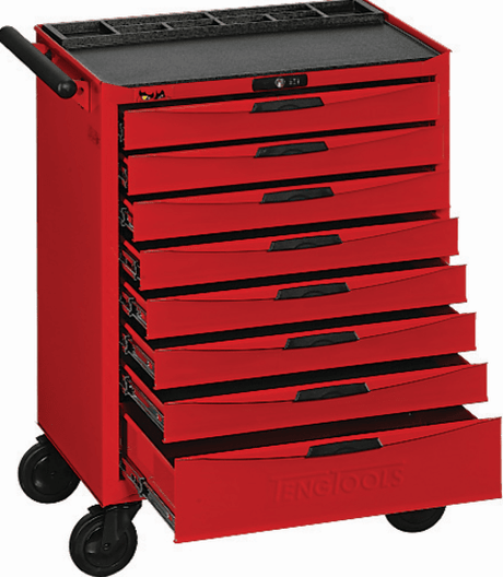 Heavy-duty red steel roller cabinet with 8 lockable drawers, smooth ball bearing slides, and a durable ABS workbench top.