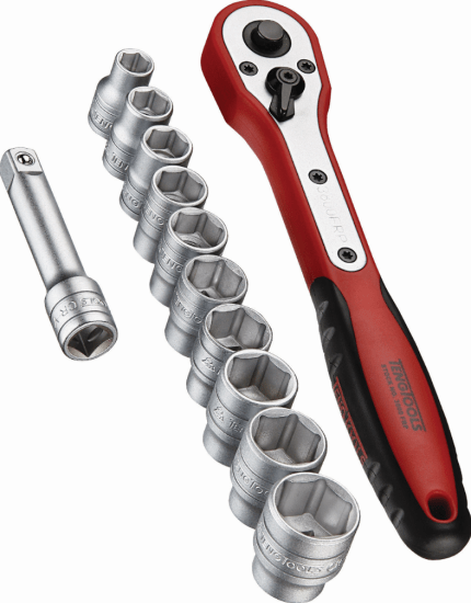 Teng 12pc 3/8in drive metric socket set in case, featuring 8-19mm sockets, 45-tooth ratchet, and extension bar for tight spaces.