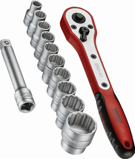 Teng 12pc socket set in case with 8-24mm sockets, ratchet handle, extension bar, and clips for organized storage.