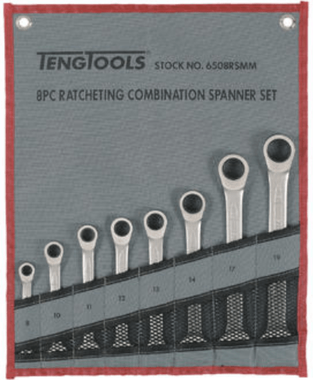 Teng 8-piece ratchet flat spanner set with 12-point design, Chrome Vanadium steel, and convenient tool roll for easy storage.