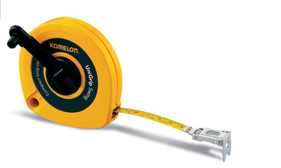 KOMELON 30M Steel Tape measure with sturdy closed frame, long handle for easy retrieval, and comfortable grip for precision tasks.