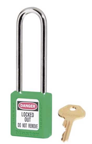 Master Lock Safety Lockout Padlock 0410 in bright colors, featuring a durable Zenex body and key-retaining design for enhanced safety.