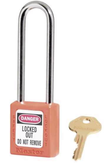 Master Lock Safety Lockout Padlock 0410 in bright colors, designed for secure lockout/tagout applications with key-retaining feature.