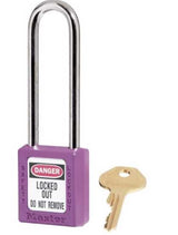 Master Lock 0410 padlock in bright colors for safety lockout applications, featuring durable thermoplastic body and key-retaining design.