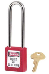 Master Lock 0410 safety padlock in vibrant colors, featuring a durable thermoplastic body and key-retaining design for lockout/tagout safety.