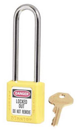 Master Lock Safety Lockout Padlock 0410 in bright colors, featuring a durable body, key-retaining design, and customizable labels.